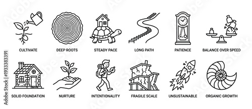 Collection of business growth concept icons illustrating patience, sustainability, and organic development in a minimalist line art style isolated on a white background