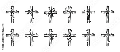 Hand-drawn wooden Christian crosses icon collection with rustic details like rope, hearts, and a dove, illustrating faith and spirituality in a black and white doodle style isolated on white