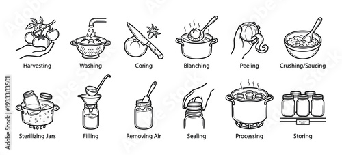 Black and white line art icons illustrating the tomato canning and preserving process from harvesting to storing, presented as a step-by-step instructional guide isolated on white
