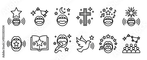 Set of minimalist black outline icons for praise, worship, singing, and gospel music, featuring mouths, stars, crosses, and doves in a clean vector style on a white background