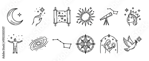 Set of black line art icons with celestial and religious themes, including a sun, moon, stars, psalm scroll, and dove, drawn in a minimalist doodle style isolated on white