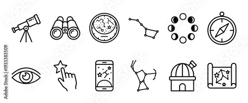 Astronomy and stargazing thin line icon set featuring a telescope, constellation, observatory, moon phases, and compass symbols for science and education, isolated on white