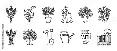 Set of black line art icons depicting gardening, farming, and biblical themes like the Garden of Eden, a sower, and a seed of faith, isolated on a white background