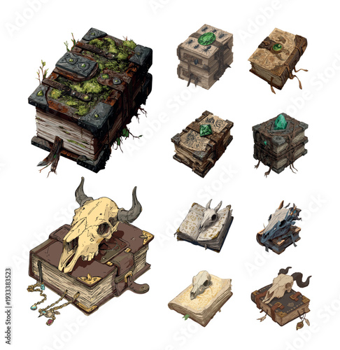 Grimoire magic book cartoon vector concept. Spell notes necromancy occult alchemy ritual tome wizard library mossy texture leather bound journal parchment pages isolated on white background