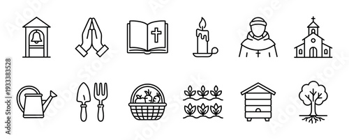 Collection of religious and agricultural line icons depicting monastic life with symbols like a church, monk, bible, and farming tools isolated on a white background
