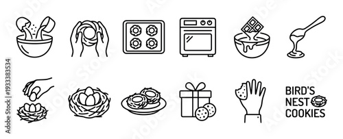 Bird's nest cookies recipe icon set showing the baking process step by step with line art illustrations of ingredients, oven, and decoration, isolated on a white background