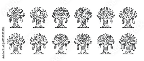 Collection of twelve sacred wishing trees with knotted ribbons, depicted as minimalist black and white line art icons representing mythology, folklore, and nature symbols
