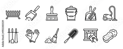 Set of cleaning and fireplace maintenance icons featuring a broom, vacuum, gloves, dustpan, and chimney tools in a minimalist black line art style isolated on white