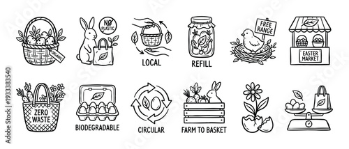 Hand-drawn black and white Easter icon set promoting eco-friendly concepts like zero waste, organic food, and local shopping, presented in a simple doodle style isolated on white