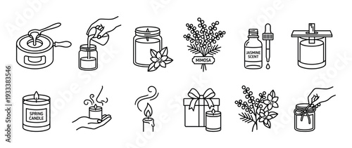 Set of candle making and aromatherapy icons in a minimalist outline style showing the DIY process with wax, jars, and scents, isolated on white background