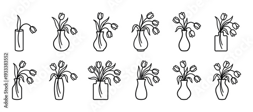Set of twelve black line art icons featuring tulip bouquets in various simple vases, showcasing different floral arrangements in a minimalist doodle style, isolated on white