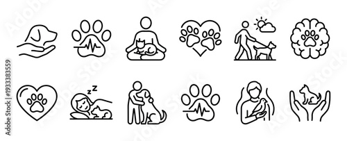 Collection of minimalist outline pet icons representing animal care, veterinary health, love, and companionship with dogs, cats, and birds, presented in a clean, simple style