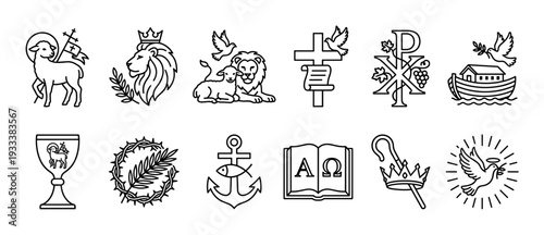 Collection of Christian religious symbols icons in a clean black line art style, including the lamb, lion, cross, dove, ark, and Chi-Rho, isolated on a white background