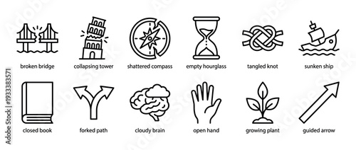 Set of twelve black and white icons representing concepts of crisis, failure, confusion, growth, and guidance in a minimalist outline style isolated on a white background