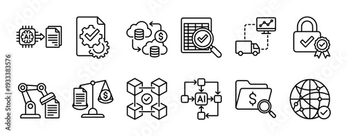 Set of black line icons representing technology, business, finance, and automation concepts like AI, blockchain, security, and logistics, presented in a minimalist outline style isolated on white