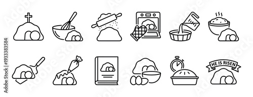 Set of black line art icons combining Easter resurrection themes with baking symbols, featuring the empty tomb as risen bread, a cross, dough, and an oven on a white background