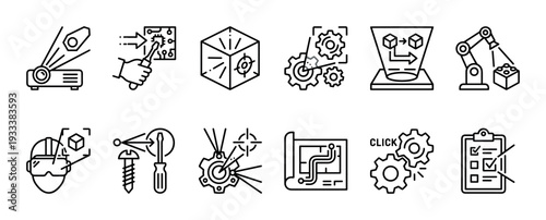 Prototyping and engineering technology line art icons representing automation, robotics, virtual reality, and manufacturing processes, isolated on a white background