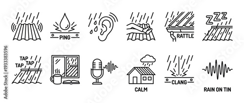 Collection of rain sound line art icons depicting noises on a tin roof like tap, ping, and clang, illustrating concepts of calm and sleep, isolated on a white background