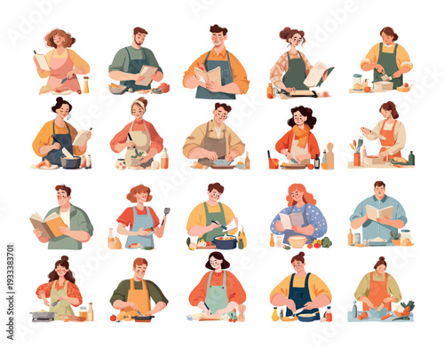 Home cooks characters cartoon vector set. Man woman wearing aprons reading recipe books cutting vegetables stirring soup pots frying pans kitchenware tools culinary hobby people isolated collection