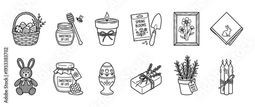Hand-drawn set of twelve spring and Easter themed doodle icons with a bunny, decorated eggs, honey jar, flowers, and candles in a simple black line art style on a white background