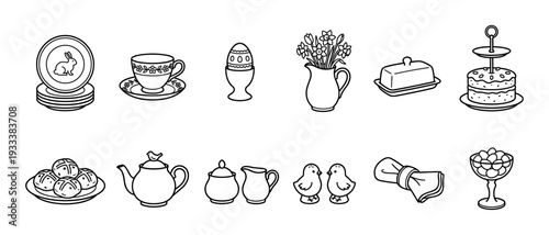 Set of black and white Easter icons for a spring tea party featuring a teapot, cake, hot cross buns, rabbit plate, and chicks in a simple line art style, isolated on white