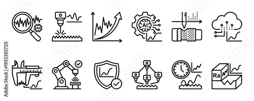 Set of industrial technology line icons representing automation, AI analysis, manufacturing, and quality control in a minimalist outline style isolated on a white background