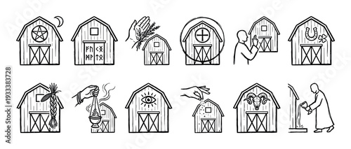 Set of hand-drawn barn blessing illustrations with various magical, religious, and folk ritual symbols for protection and good luck, isolated on a white background