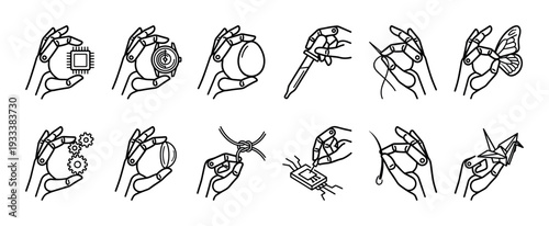 Set of twelve robotic hand icons performing delicate and precise tasks with various objects, a minimalist black line art illustration collection isolated on a white background
