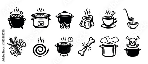 Set of black hand-drawn icons for making bone broth, including a cauldron, slow cooker, and steaming pot in a simple doodle style, isolated on a white background