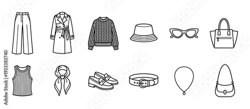 Set of women's fashion clothing and accessories icons including trousers, a trench coat, sweater, hat, sunglasses, bags, and shoes in a minimalist black line art style isolated on white