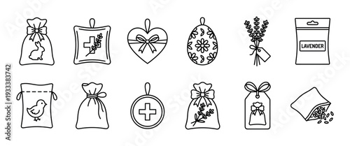 Collection of black line art sachet icons in a simple doodle style showing various pouches, bags, and herbal potpourri for aromatherapy, isolated on a white background