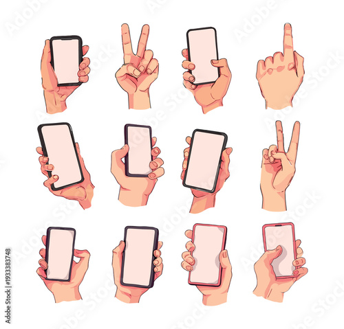 Human hands holding mobile phones cartoon vector set. Blank white screens arm wrist gestures showing victory pointing finger anatomical poses technology communication device isolated artworks