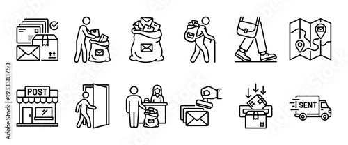 Postal service and mail delivery line icon set with post office, courier, parcel, letter, shipping truck, and map tracking for logistics and correspondence, isolated on white