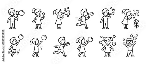 Set of children blowing soap bubbles icons showing kids playing, running, and having fun in a simple black and white line art style, isolated on a white background