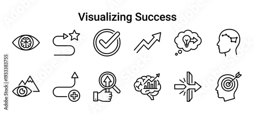 Collection of thin line icons for business concepts like visualizing success, strategy, achievement, and growth, presented in a clean, minimalist style on a white background