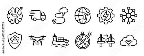 Logistics and supply chain management line icons set representing transportation, delivery, technology, and global shipping concepts in a minimalist outline style isolated on white