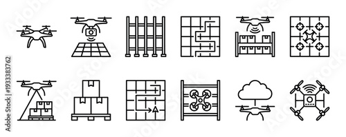 Set of black line icons showing drone technology for warehouse automation, logistics, and delivery, including quadcopters, packages, and navigation grids, isolated on a white background