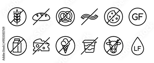 Gluten free and lactose free food icons set with thin line art symbols for wheat, dairy, milk, and bread for product packaging, isolated on a white background