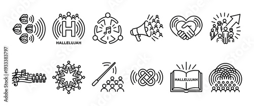 Choir and singing line icon set collection representing concepts of praise, worship, community, music, and hallelujah in a minimalist vector style on a white background