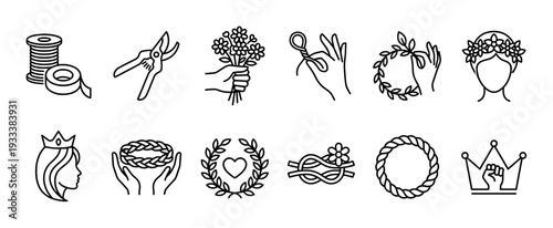 Set of twelve black linear icons for floristry and crafting, featuring flower crowns, wreaths, hands, and royal symbols isolated on a white background