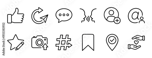 Social media and communication thin line icons set representing like, share, comment, follow, tag, and bookmark actions, isolated on a white background