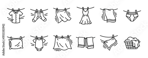 Black doodle laundry icons hanging on a clothesline, a minimalist vector illustration set showing various clothes and linen drying outdoors, isolated on a white background