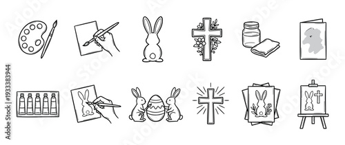 Hand-drawn black and white Easter icon set depicting religious crosses, bunnies, eggs, and art supplies for creative holiday craft projects, isolated on a white background