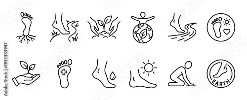 Collection of minimalist grounding and earthing icons showing feet connecting with nature, plants, and the planet in a simple black line art style, isolated on a white background