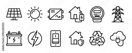 Set of black line art icons representing solar power, renewable energy, and electricity concepts like panels, batteries, and meters, isolated on a white background