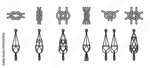 Macrame knots and plant hangers icon set in a black and white line art style for crafting and DIY projects, isolated on a white background