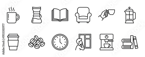 Set of black line art icons for coffee break and relaxation, including a mug, book, armchair, and clock, in a minimalist vector style isolated on a white background