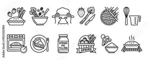 Set of black line art icons representing the process of baking a spring pie with strawberry and rhubarb, including dough, filling, oven, and kitchen utensils, isolated on white