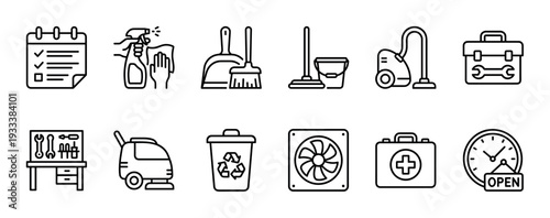 Set of cleaning and maintenance service icons in a minimalist black line art style, including checklist, mop, vacuum, toolbox, fan, and first aid kit, isolated on a white background