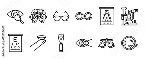 Set of optometry and ophthalmology line icons showing vision testing equipment, eyeglasses, contact lenses, and eye anatomy in a minimalist vector style isolated on white